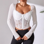 White Women Sexy Mesh Sheer T-shirt Lace Long Sleeve Blouse Embroidery Fishbone Corset Crop Top