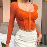 Orange Women Sexy Mesh Sheer T-shirt Lace Long Sleeve Blouse Embroidery Fishbone Corset Crop Top