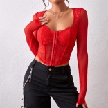 Red Women Sexy Mesh Sheer T-shirt Lace Long Sleeve Blouse Embroidery Fishbone Corset Crop Top