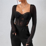 Black Women Chic Sexy​ Mesh Fishbone Crop Top Lace Embroidery Hollow Out Slim Blouses