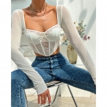 White Women Chic Sexy​ Mesh Fishbone Crop Top Lace Embroidery Hollow Out Slim Blouses