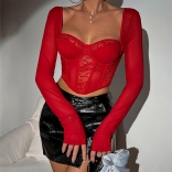 Red Women Chic Sexy​ Mesh Fishbone Crop Top Lace Embroidery Hollow Out Slim Blouses