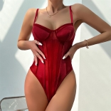 Red Women's Straps Mesh See-through Sexy Underwear Club Tops Bodysuits