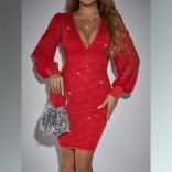 Red Women's V-Neck Diamonds Mesh Long Sleeve Sexy Formal Bodycon Mini Dress