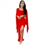 Red Women's Pleated Long Dresses Split Hollow Sleeves Bandage Formal Bodycons Party Evening Vestidos Clothing