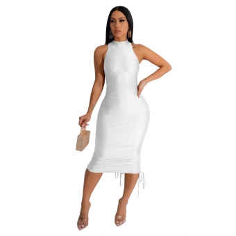 White Women Sleeveless Pleated Sexy Party Evening Backless Formal Occasion Midi Dress