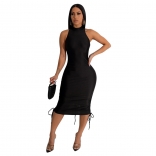 Black Women Sleeveless Pleated Sexy Party Evening Backless Formal Occasion Midi Dress