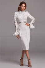 White Women's Lace Hollow-out Embroidery Long Sleeve Sexy Formal Office OL Midi Dress