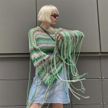 Green Women's Knitting Long Sleeve Tassels Crop Top Beach Wear Sweaters