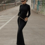 Black Women's Long Sleeve Backless Evening Long Dress Formal Lace-up Sexy Clothing
