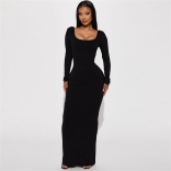Black Women Low-Cut Long Sleeve Bodycon Long Dress Backless Bandage Evening Dress
