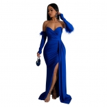 Blue Luxury Women's Feather Flying Slevee Low-Cut Evening Pleated Prom Long Dress