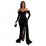 Black Luxury Women's Feather Flying Slevee Low-Cut Evening Pleated Prom Long Dress