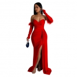 Red Luxury Women's Feather Flying Slevee Low-Cut Evening Pleated Prom Long Dress