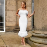 White Women's Off-Shoulder Plush Sleeveless Sexy Temperament Prom Midi Dress