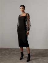 Black Women's Mesh Long Sleeve Embroidery Boat Neck Bodycon Midi Dress