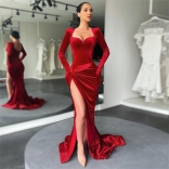Red Women's Low-Cut Long Sleeve Gloves Prom Dress Velvet Split Pleated Evening Dress