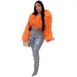Orange Women's Feather Faux Fur Long Sleeve Fashion Short Coat Suits Tops