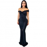 Black Women's Off-Shoulder Low-Cut Pleated Evening Prom Osscaion Party Long Dress