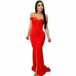 Red Women's Off-Shoulder Low-Cut Pleated Evening Prom Osscaion Party Long Dress