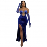 Blue Straps Women's Mesh Diamonds Prom Dress Long Gloves Sleeve Velvet Party Clothes