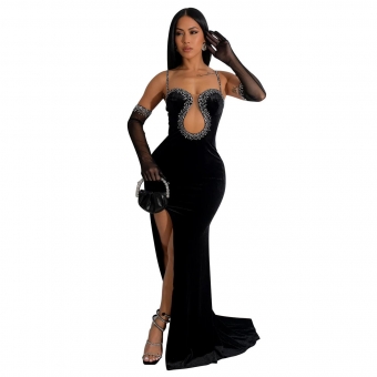 Black Straps Women's Mesh Diamonds Prom Dress Long Gloves Sleeve Velvet Party Clothes