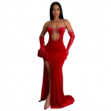 Red Straps Women's Mesh Diamonds Prom Dress Long Gloves Sleeve Velvet Party Clothes