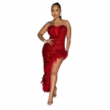Red Off-Shoulder Women's Mesh V-Neck Sequins Split Feather Formal Long Dress