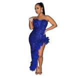 Blue Off-Shoulder Women's Mesh V-Neck Sequins Split Feather Formal Long Dress