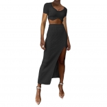 Black Short Sleeve Low-Cut Striped Crop Tops Slim Fit Split Midi Dress