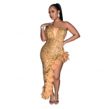 Gold Off-Shoulder Women's Mesh V-Neck Sequins Split Feather Formal Long Dress