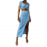 LightBlue Short Sleeve Low-Cut Striped Crop Tops Slim Fit Split Midi Dress