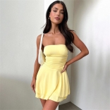 Yellow Sexy Spicy Girl Solid One Line Neck Slim Fit Backless Pleated High Waist Short Skirt