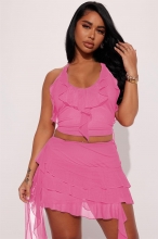 Pink Women's Straps Mesh Ruffle Crop Tops Two-Pieces Party Dance Dress Sets