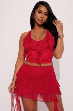 Red Women's Straps Mesh Ruffle Crop Tops Two-Pieces Party Dance Dress Sets