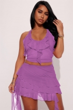 Purple Women's Straps Mesh Ruffle Crop Tops Two-Pieces Party Dance Dress Sets