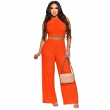 Orange Women O-Neck Stretch Fabric Sleeveless Crop Tops Fashion Casual Pants Jumpsuit Dress Sets