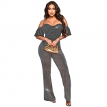 Gray Off-Shoulder Halter Pleated Sexy Tops Casual Women Pant Jumpsuit Dress Sets