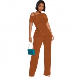 Brown Off-Shoulder Halter Pleated Sexy Tops Casual Women Pant Jumpsuit Dress Sets