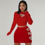 Red Long Sleeve Women's Cutout Diamonds Crop Top Striped Party OL Bodycon Mini Dress