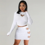 White Long Sleeve Women's Cutout Diamonds Crop Top Striped Party OL Bodycon Mini Dress