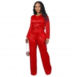 Red Women Long Sleeve Sequins Top Bodycon Office Lady Pant Set Long Dress