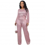 Pink Women Long Sleeve Sequins Top Bodycon Office Lady Pant Set Long Dress