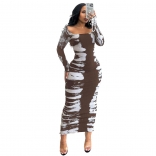 Brown Women Long Sleeve Printed Elastic Striped Bodycons Party Midi Dress