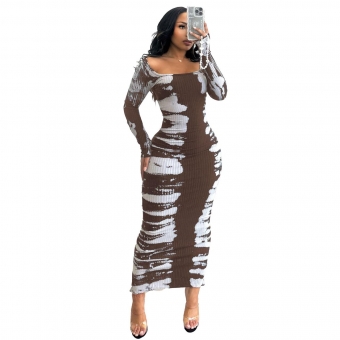 Brown Women Long Sleeve Printed Elastic Striped Bodycons Party Midi Dress