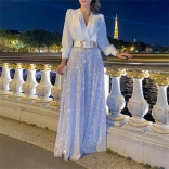 White Long Sleeve Women's Mesh Sequins Casual Wide Legs Long Jumpsuit Dress