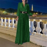 Green Long Sleeve Women's Mesh Sequins Casual Wide Legs Long Jumpsuit Dress