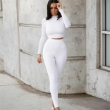White Women's Long Sleeve O-Neck Crop Top Bodycon Sexy Slim Fit Pant Set Jumpsuit Dress