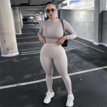 Gray Women's Long Sleeve O-Neck Crop Top Bodycon Sexy Slim Fit Pant Set Jumpsuit Dress