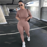 Nude Women's Long Sleeve O-Neck Crop Top Bodycon Sexy Slim Fit Pant Set Jumpsuit Dress